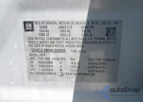 2017 Chevrolet Trax 1Lt из США, поврежденный, VIN 3GNCJLSB9HL290268